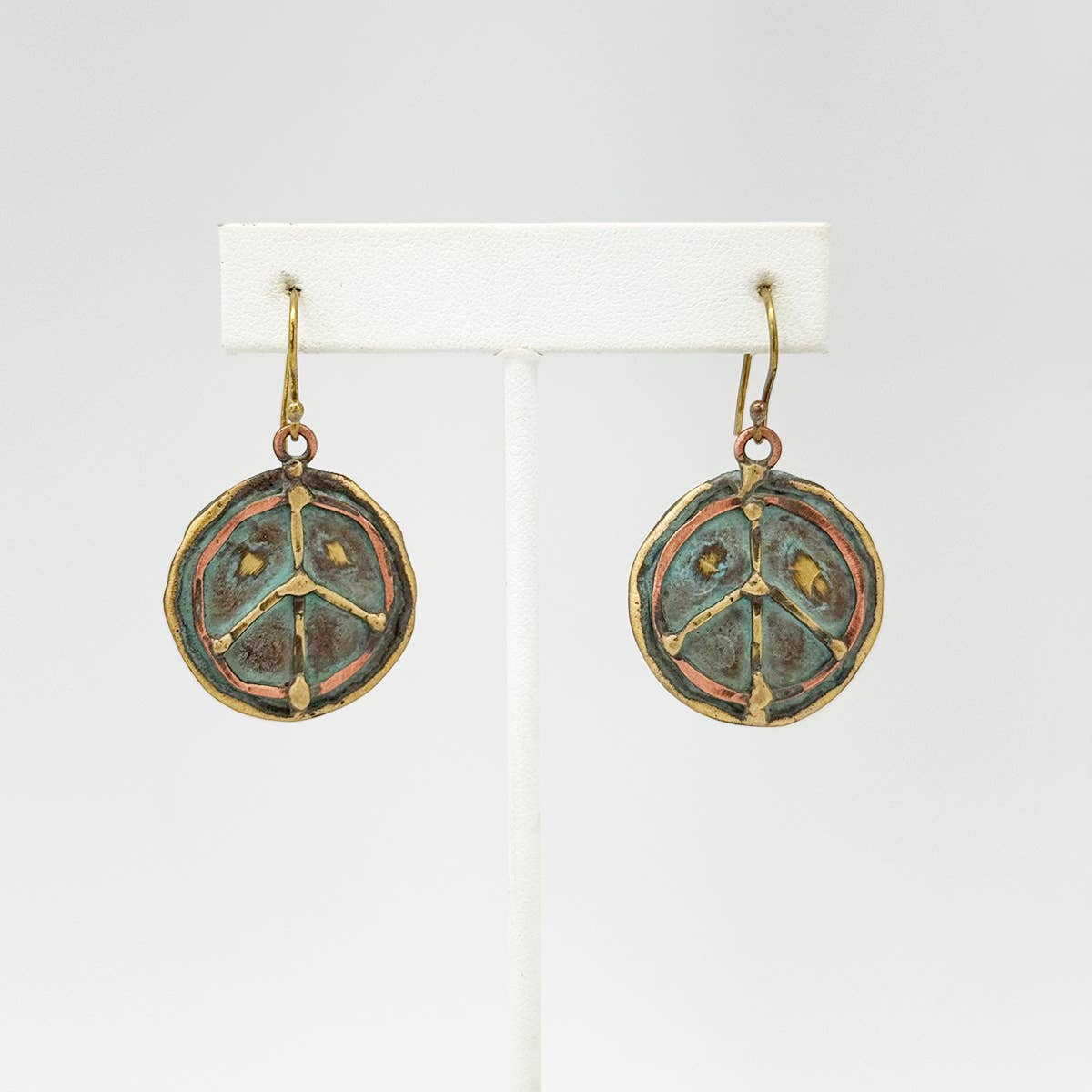 Handcrafted Verdigris Peace Sign Brass Patina Dangle Earrings