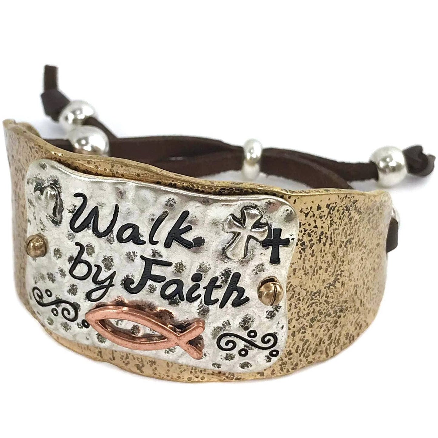 Walk By Faith Cross Patina Bracelet Cuff Gold With Adjustable Leather Strap