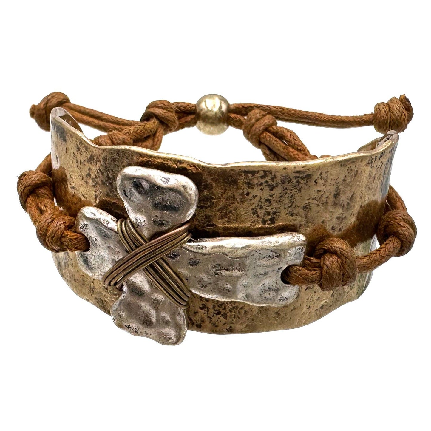Cross Rustic Western Hammered Metal Cuff Bracelet With Large Cross Rope