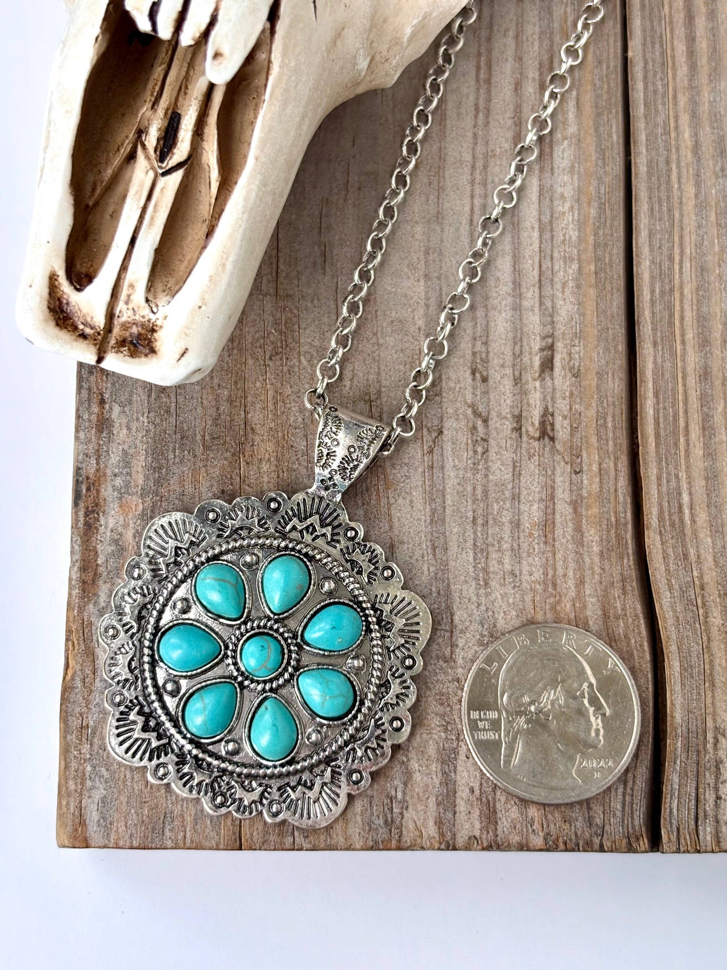 Western Style Turquoise Stone Concho Pendant Necklace with Brushed Silver Finish
