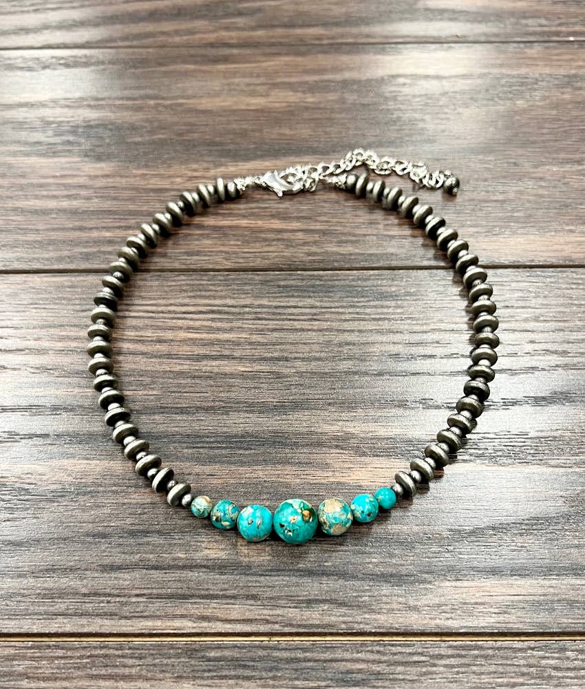 Handmade Navajo Natural Gemstone Choker Necklace, Faux Silver Pearl Beads