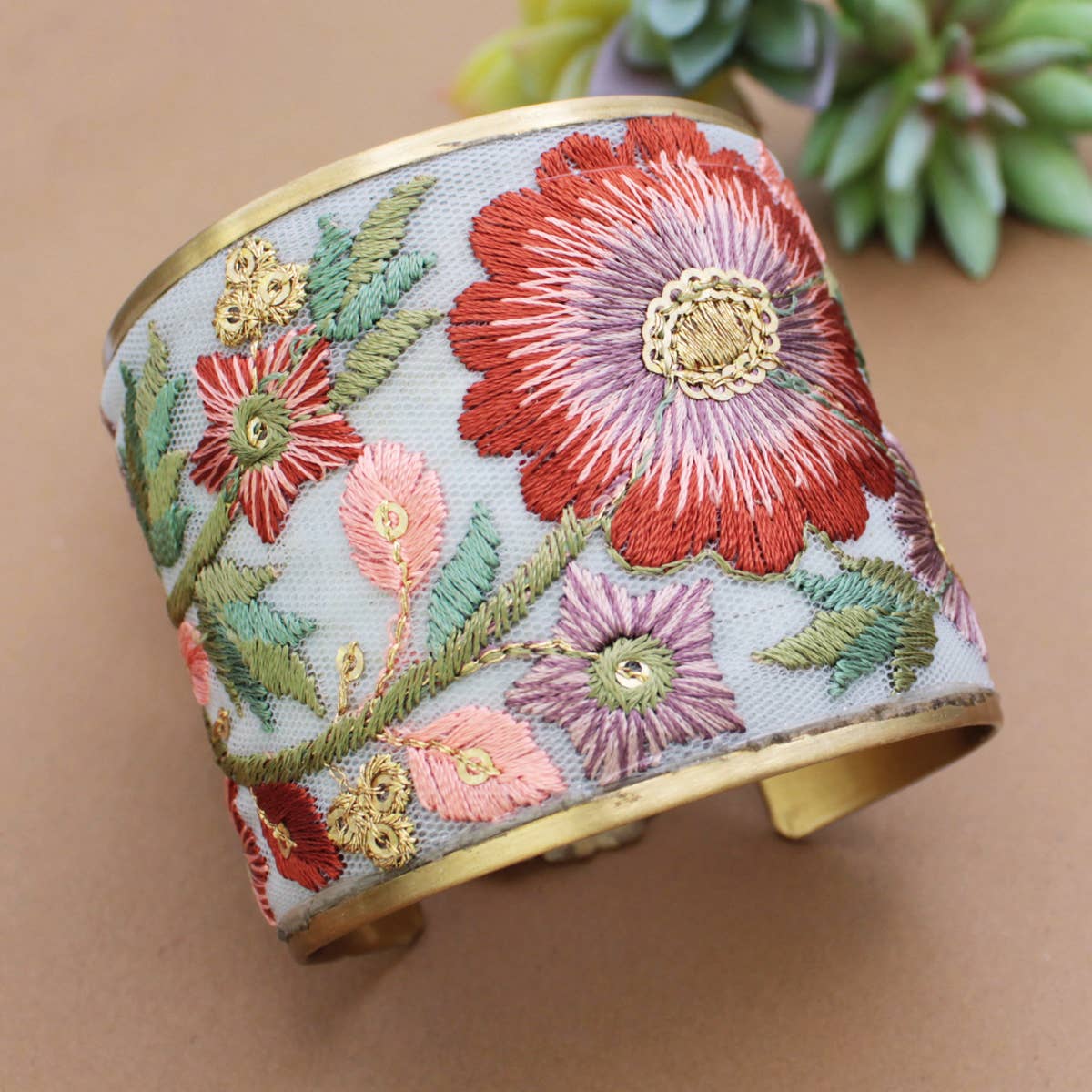 Autumn Bloom Handcrafted Embroidered Gold Cuff Flex Bracelet With Floral Embroidery