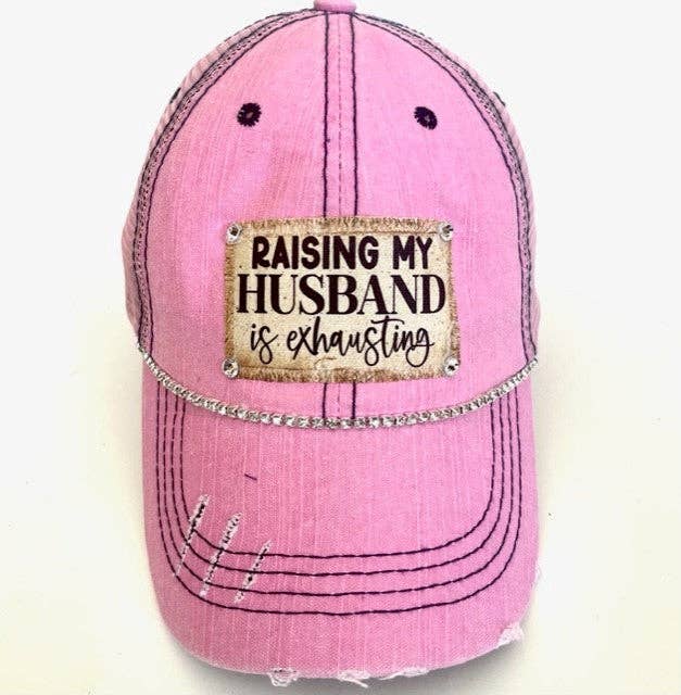 "Husband Taming is Tireless" Distressed Trucker Hat (#161): Bling / Pink / Jana's Flannels