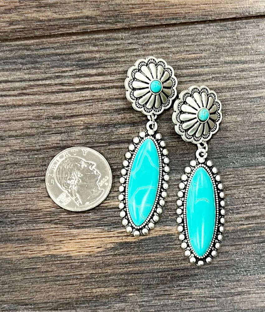 Turquoise Concho Stud Drop Earrings, Native American Design, Ships in Gift Box