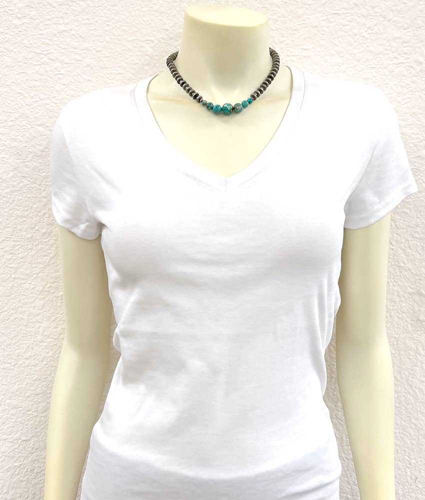 Handmade Navajo Natural Gemstone Choker Necklace, Faux Silver Pearl Beads