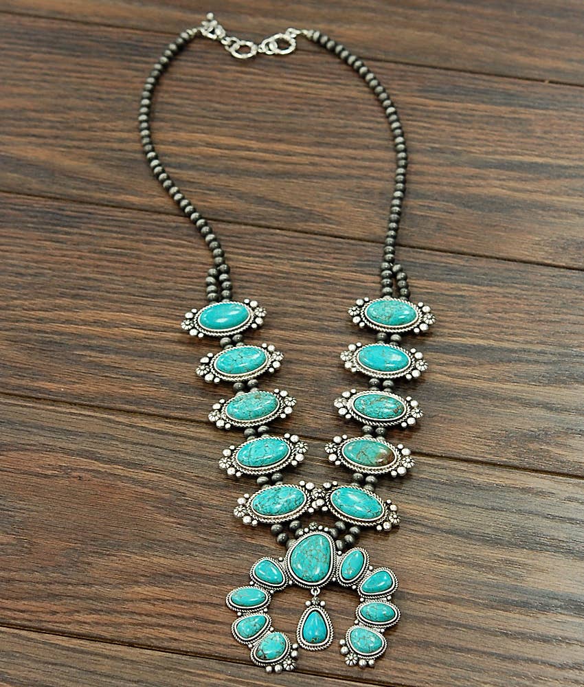 Navajo Style Turquoise Squash Blossom Necklace Silver Plate