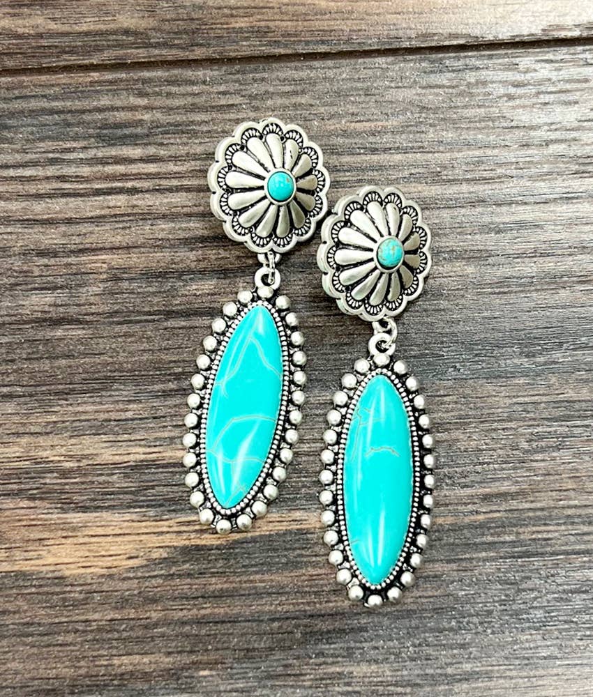 Turquoise Concho Stud Drop Earrings, Native American Design, Ships in Gift Box