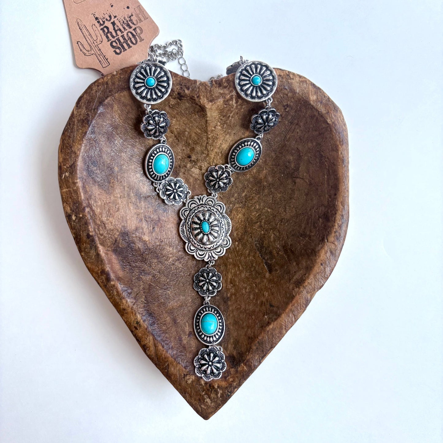 Turquoise Stone Western Flower Concho Y Drop Necklace 22 Inch Brushed Silver