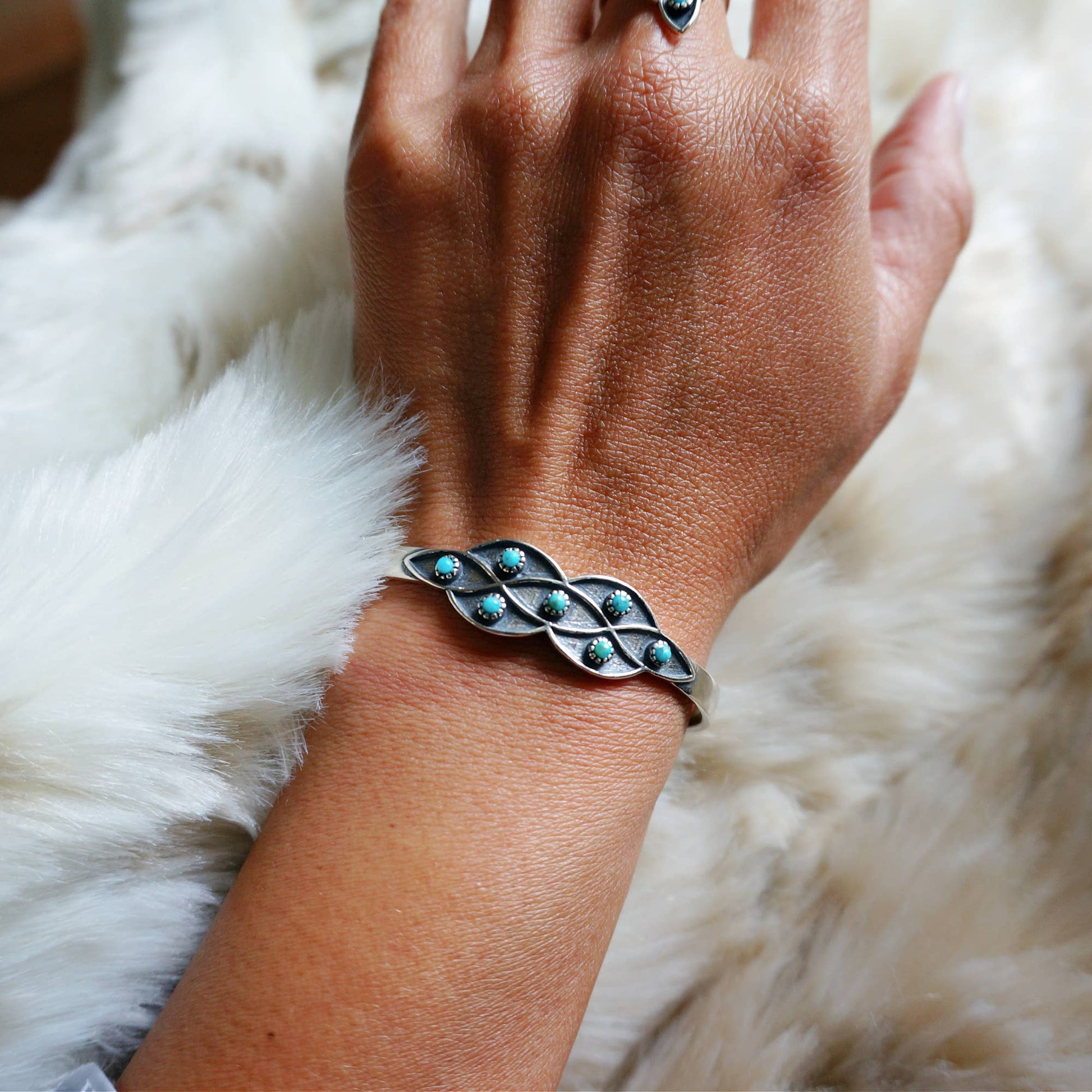 Native American Lucia Turquoise Adjustable Cuff Bracelet in Sterling Silver, Comes in Gift Box - Silver Elegant