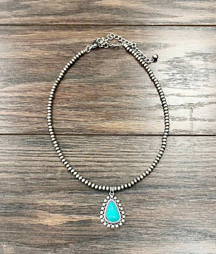 Handmade Navajo Style Turquoise Necklace With Tiny 4mm Beads And 1.3 Inch Pendant