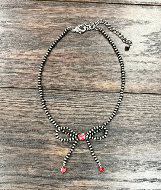 Handmade Ribbon Bow Necklace with Tiny Navajo Beads and Gemstones