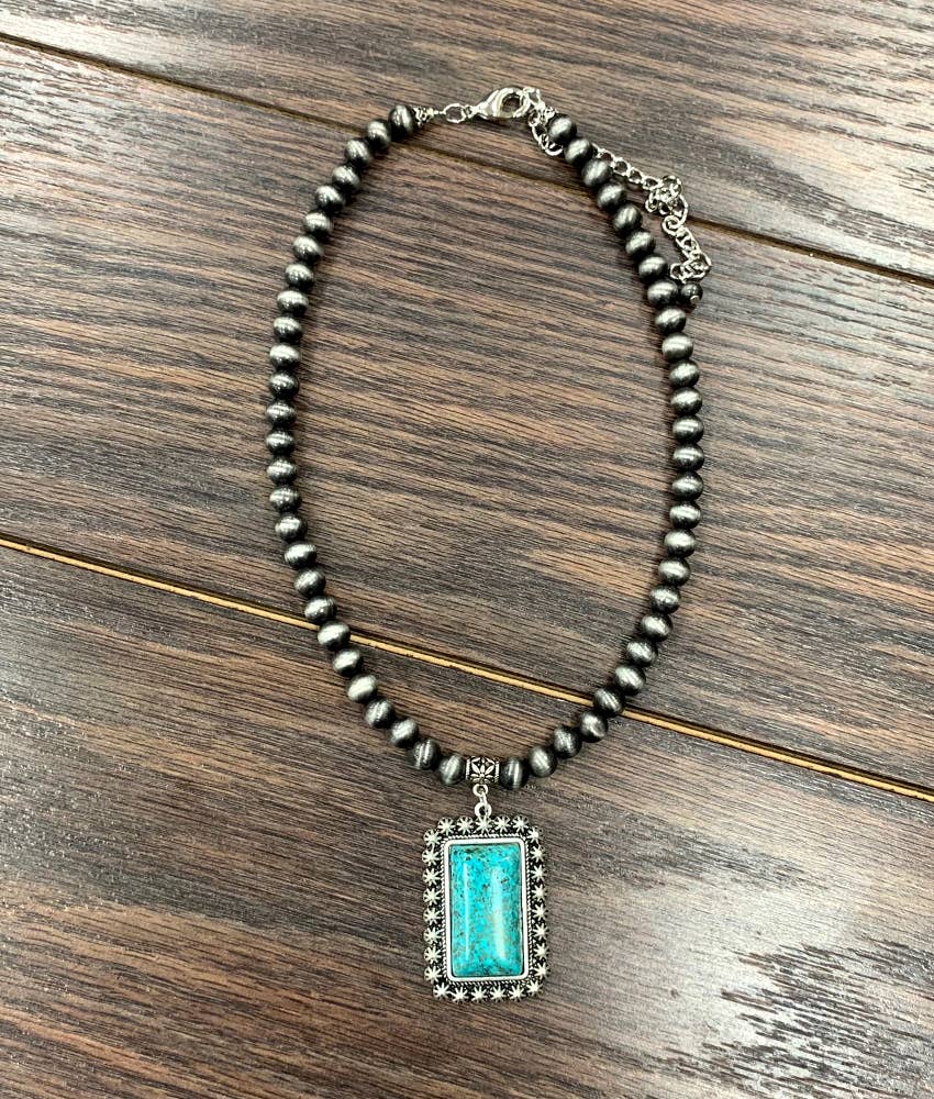 Handmade Navajo Style Turquoise 4 mm Bead Necklace with Pendant 16 to 21 Inches