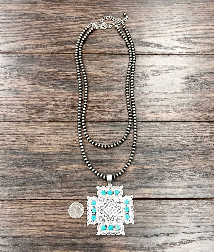 Aztec Turquoise Two Strand Necklace 24 Inch Handmade