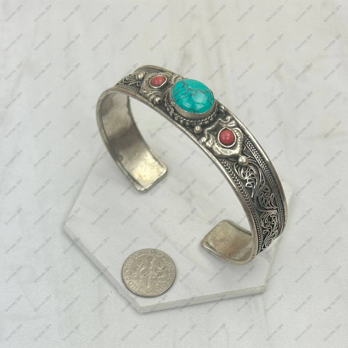 Navajo Style Blue Turquoise And Red Coral German Silver Cuff Bangle Bracelet