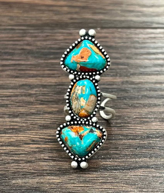 Southwestern Gemstone Adjustable Ring with Brass Dual Band, Statement Cuff Ring