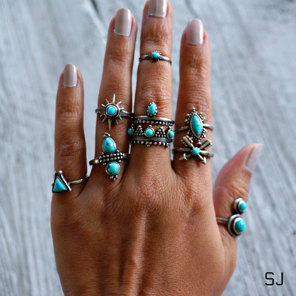 Boho Native American Friendship Arrow Adjustable Sterling Silver Turquoise Ring, Gift Box