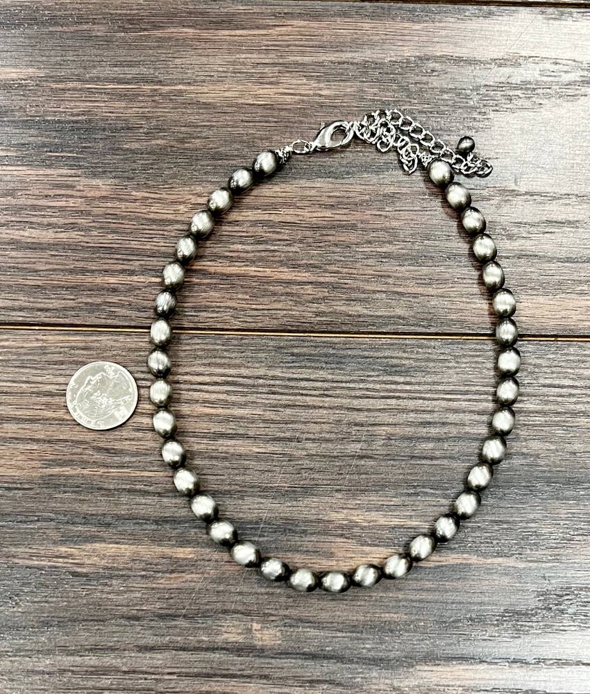 Handmade Oval Navajo Style Silver Tone Bead Necklace With 10mm Beads
