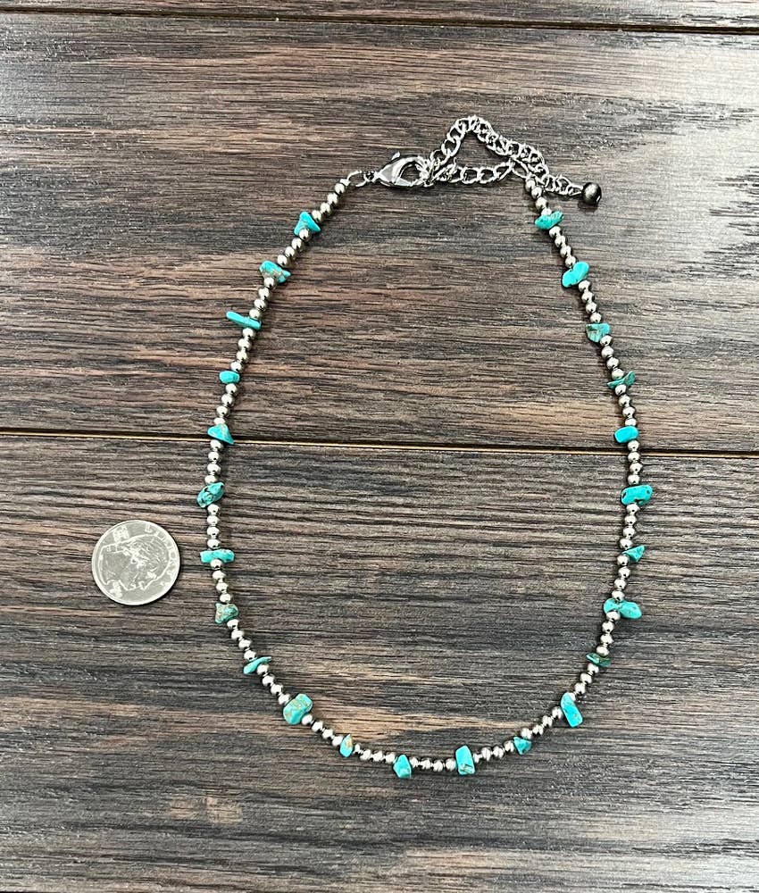 Handmade Navajo Style Turquoise Chip Necklace With Silver Tone Beads 16 To 21 Inches