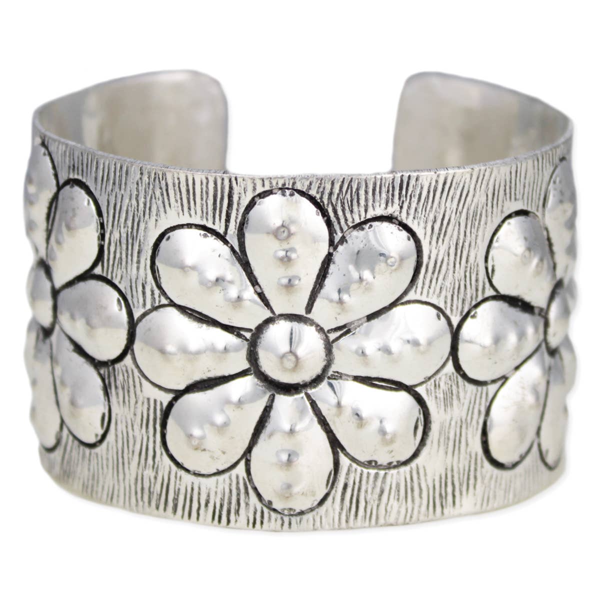 Southwest Flower Cuff Silver Bracelet Boho Wide Embossed Design