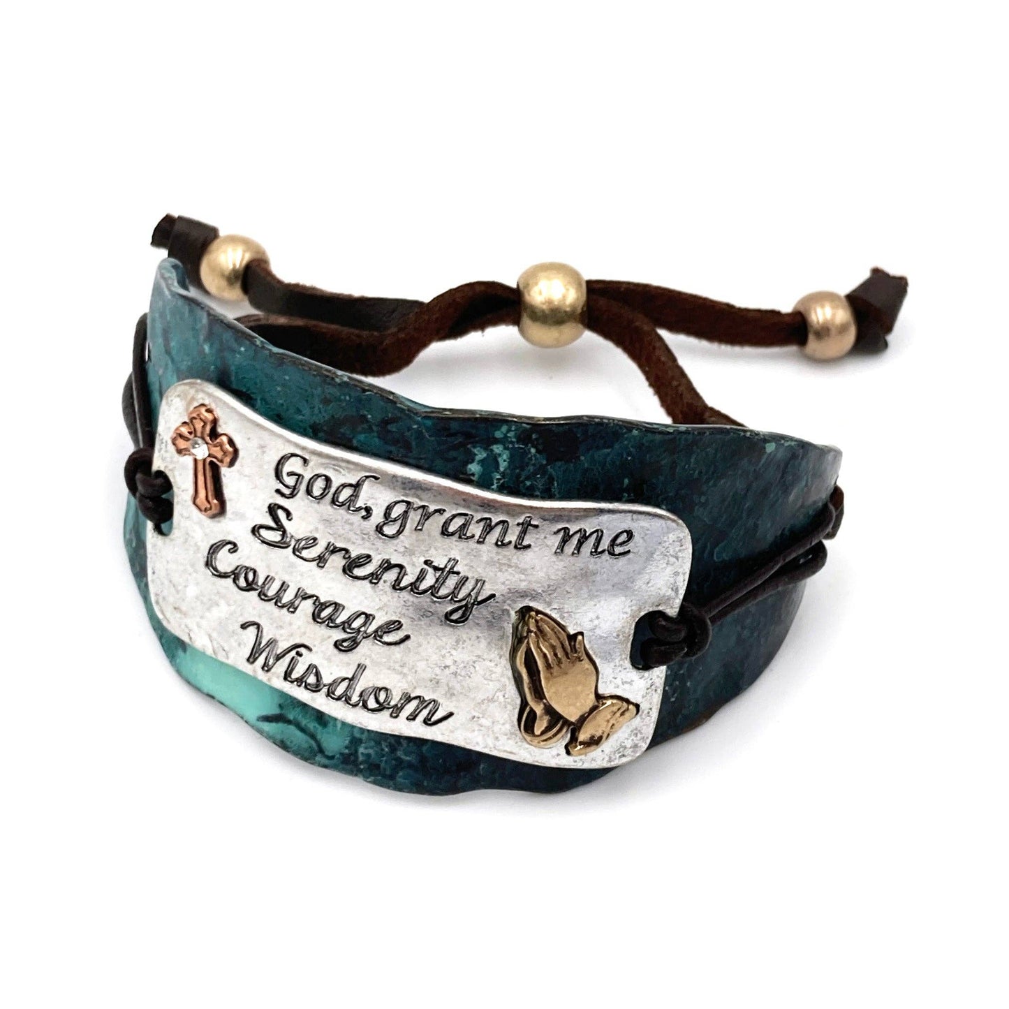 Serenity Prayer Bracelet Cuff in Patina with Copper Cross and Gold Praying Gesture on Silver Plate Leather Adjustable
