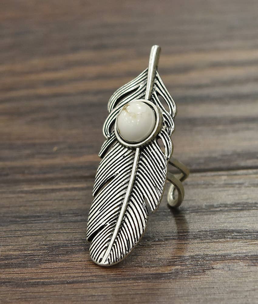Navajo Feather White Turquoise Adjustable Statement Cuff Ring for All Sizes