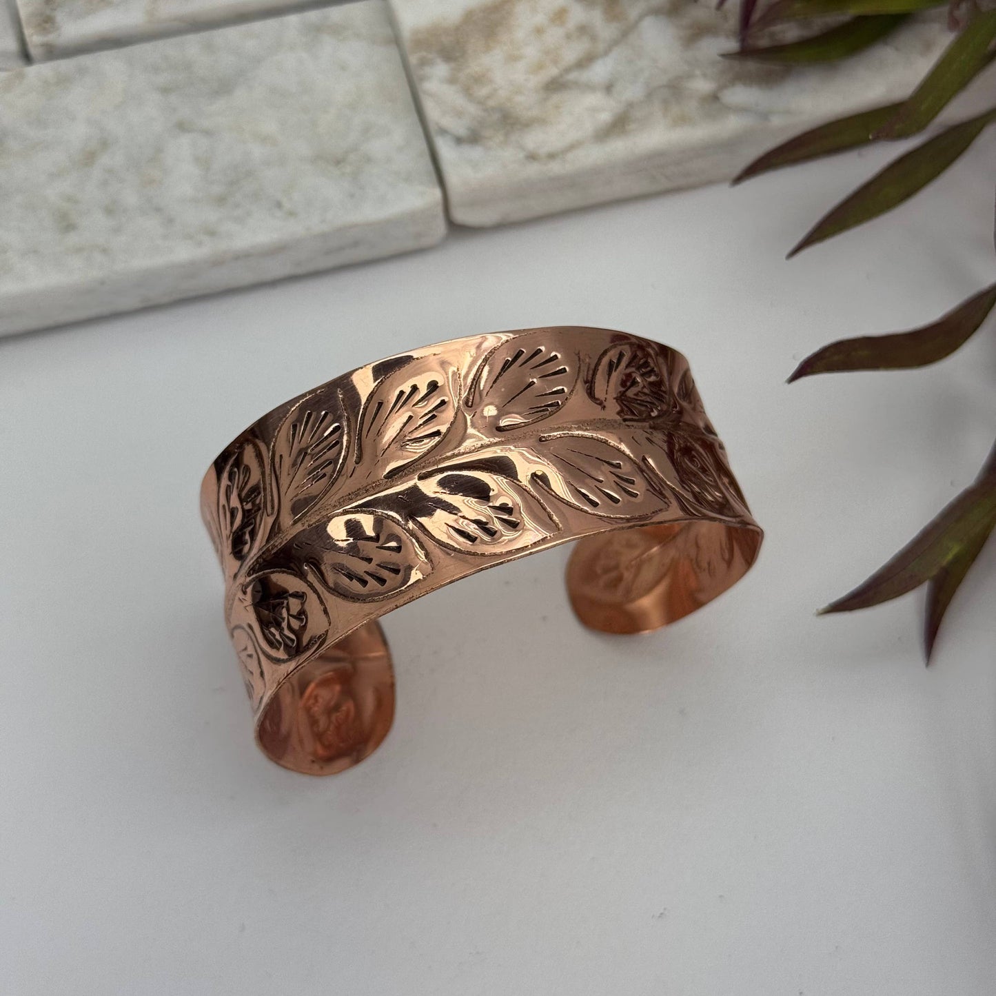 Handcrafted Copper Leaf Trail Cuff With Etched Leaf Design