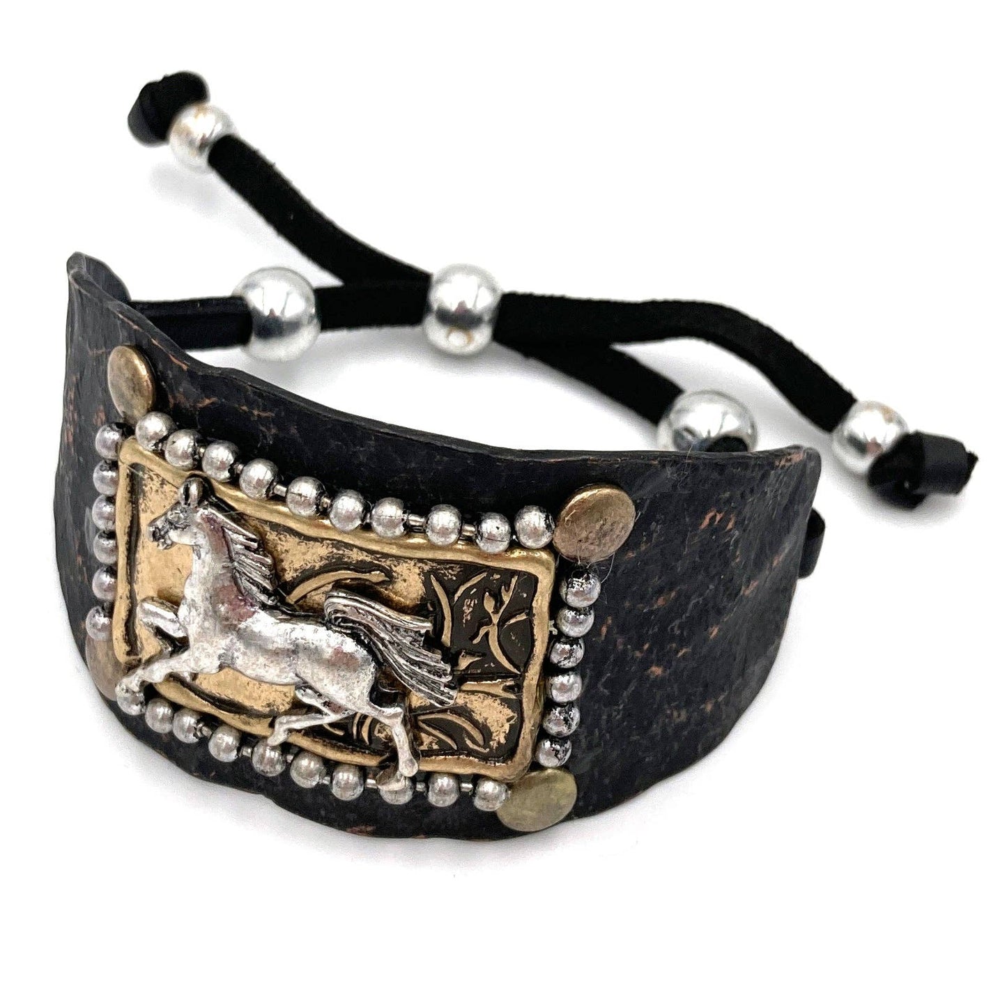 Horse Cantering Western Bracelet Cuff In Brown Leather With Vintage Copper Plate