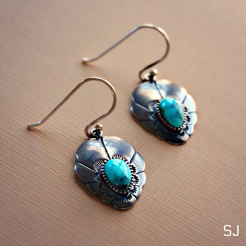 Native American Turquoise Dreamcatcher Wire Drop Earrings in Sterling Silver, Gift Box