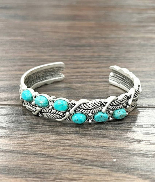 Navajo Style Feather Turquoise C Shaped Cuff Bracelet 0.6 Inch Band