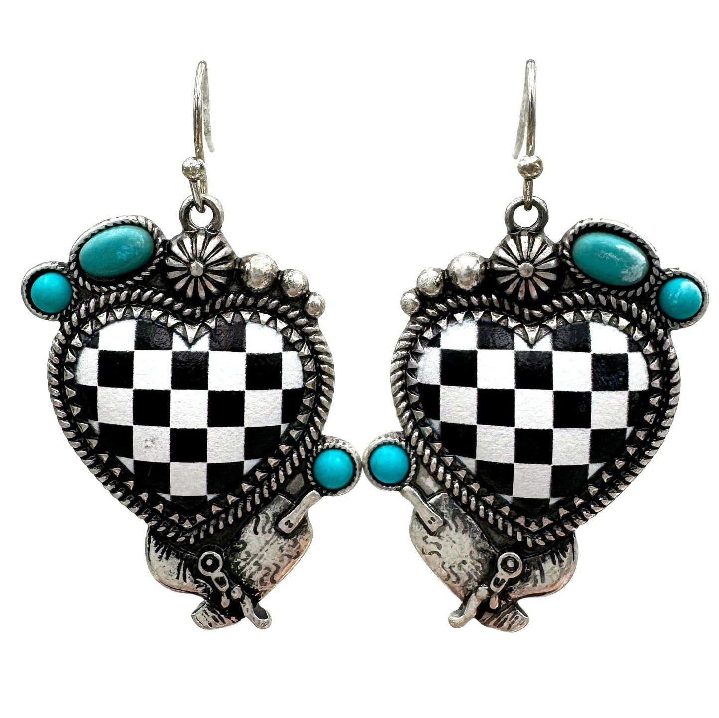 Rustic Charm Checkered Heart Dangle Earrings: Black - Silver Elegant