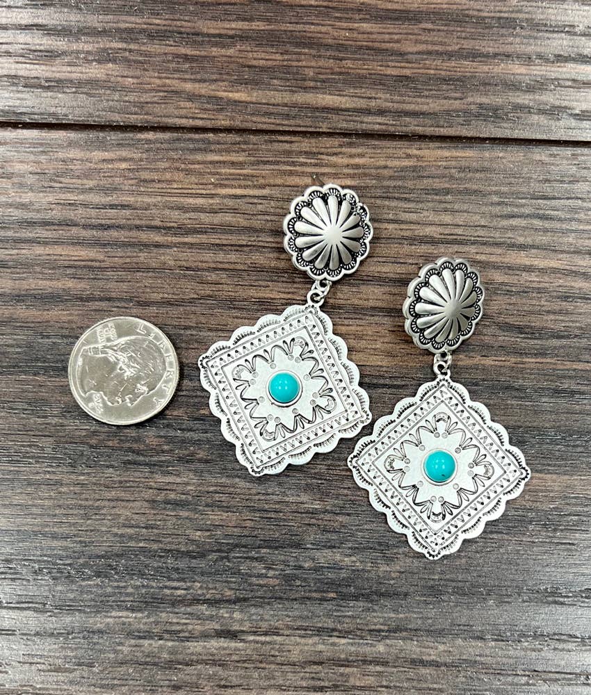 Concho Turquoise Post Earrings 2.5 Inch Brass Lightweight