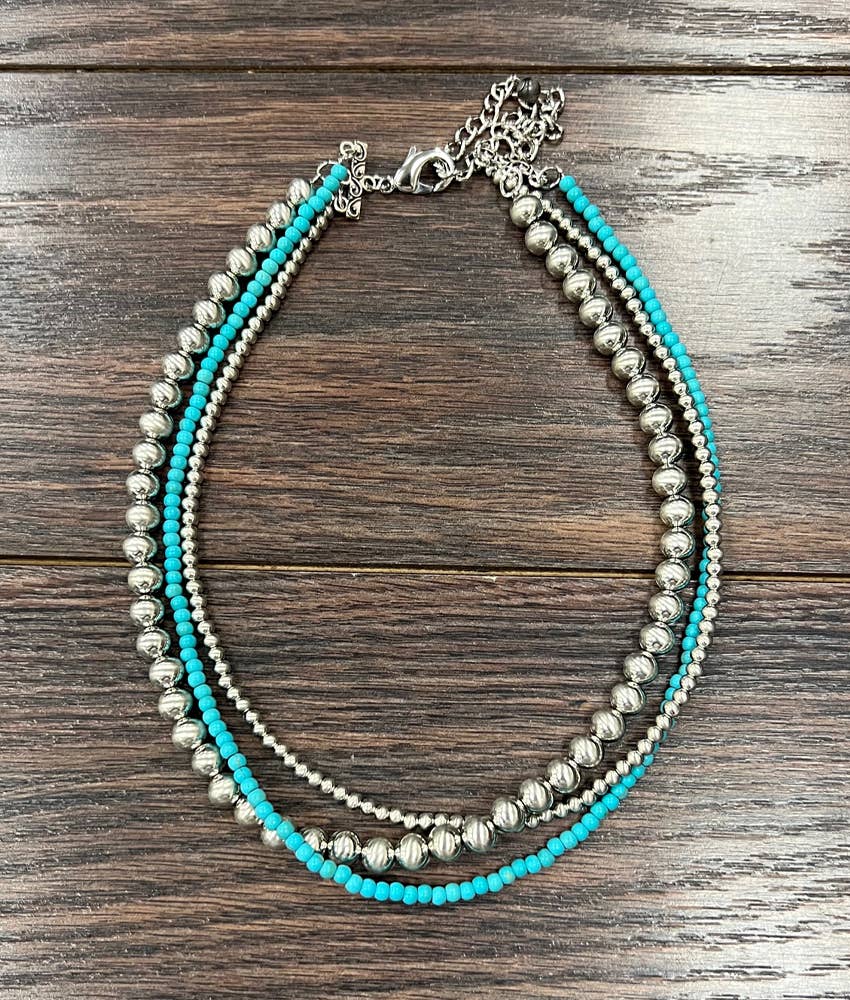 Handmade 16 Inch Silver Navajo Bead And Turquoise Necklace