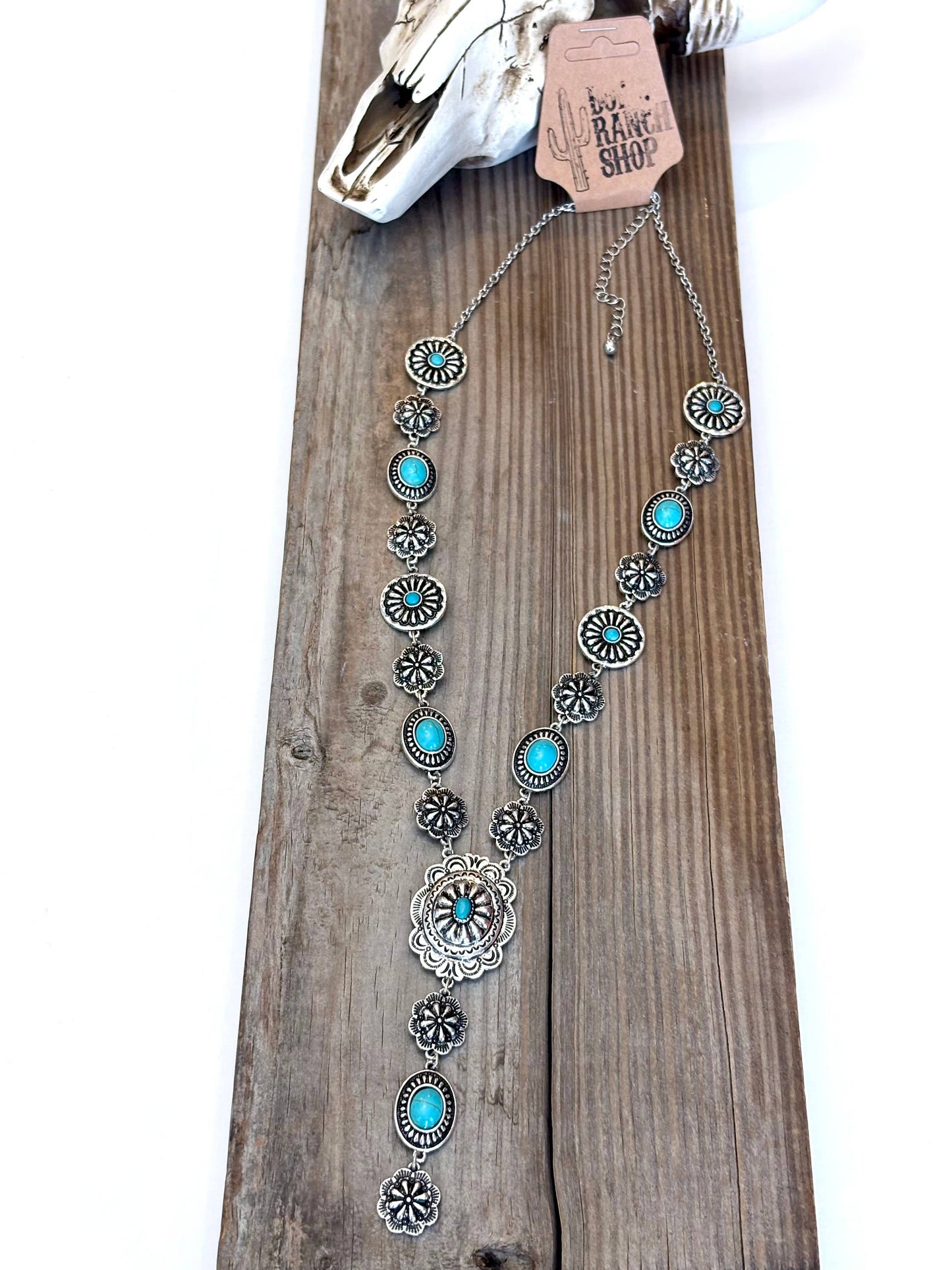 Turquoise Stone Western Flower Concho Y Drop Necklace 22 Inch Brushed Silver