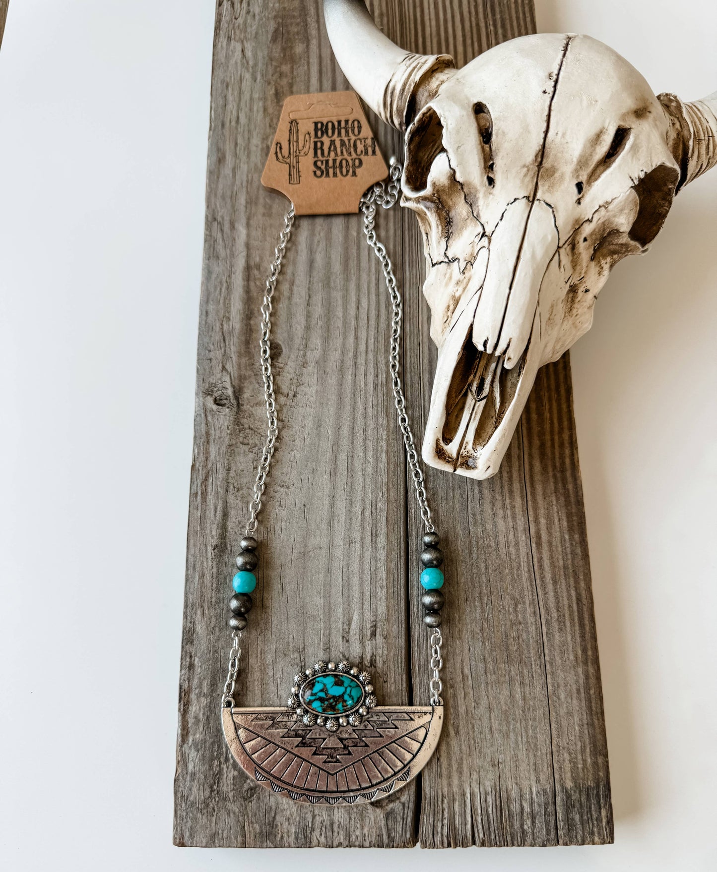 Western Aztec Style Turquoise Stone Pendant Necklace with Burnished Silver and Extension Chain