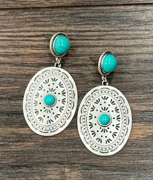 Concho Turquoise Post Earrings Two Point Five Inch Silver