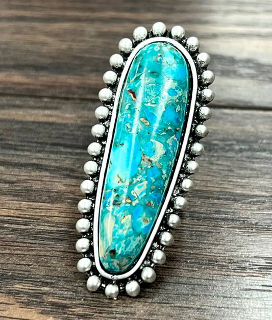 Turquoise Gemstone Adjustable Ring with Brass Dual Band, Boho Statement Cuff Ring