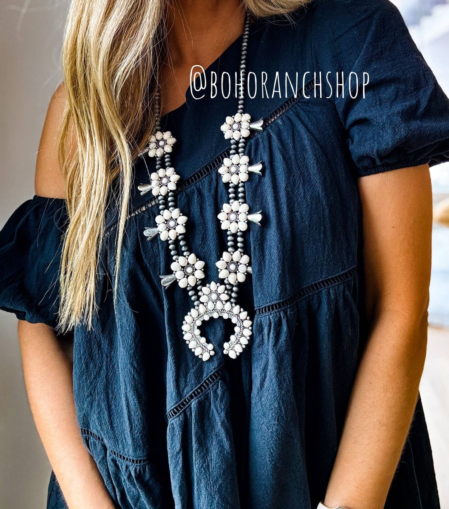 Squash Blossom Necklace Western Pendant with Turquoise and White Stones