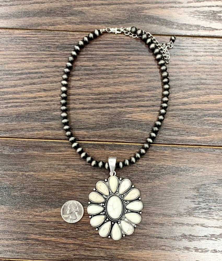 Handmade Navajo Natural White Turquoise, Faux Silver Pearls Necklace