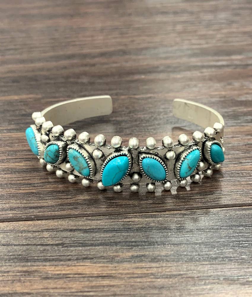 Navajo Turquoise Natural Stone Cuff Bracelet Antique Silver Plate