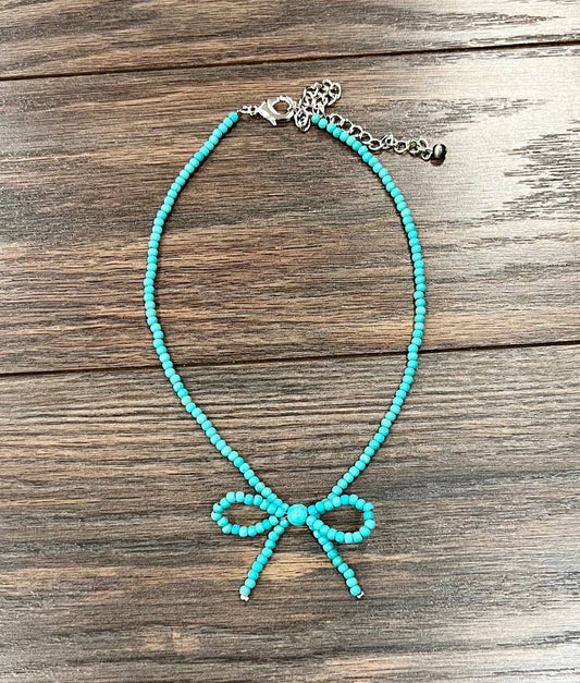 Handmade 15 Inch Tiny Beaded Turquoise Bow Necklace, Adjustable