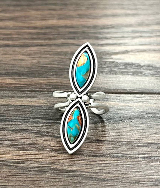Gemstone Southwestern Boho  Adjustable Statement Ring with Unique Brass Band