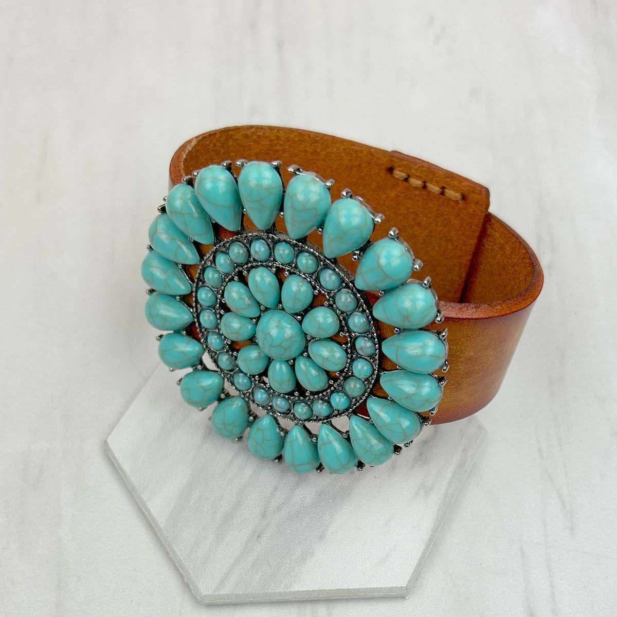 Brown Leather Concho Bracelet With Large Blue Turquoise Stone Western Style Accessory
