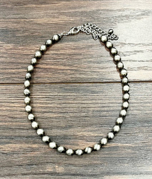 Handmade Oval Navajo Style Silver Tone Bead Necklace With 10mm Beads