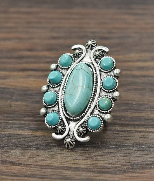 Turquoise Adjustable Statement Cuff Ring with Brass Dual Band, Boho Southwestern Style Ring