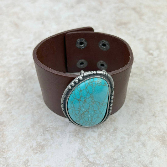 Turquoise Stone Dark Brown Leather Cuff Bracelet Handcrafted Boho Style For Everyday Wear