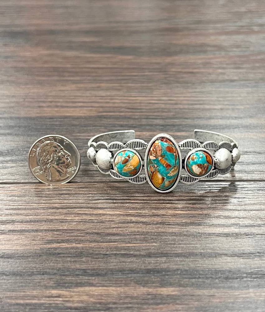 Navajo Natural Gemstone Cuff Bracelet Antique Silver Plate Vintage