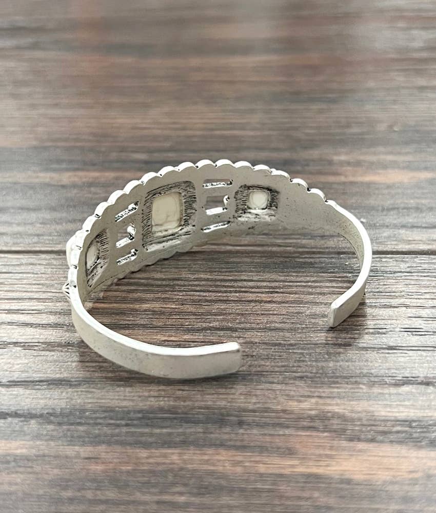 White Turquoise Natural Stone Cuff Bracelet With Antique Silver Plate