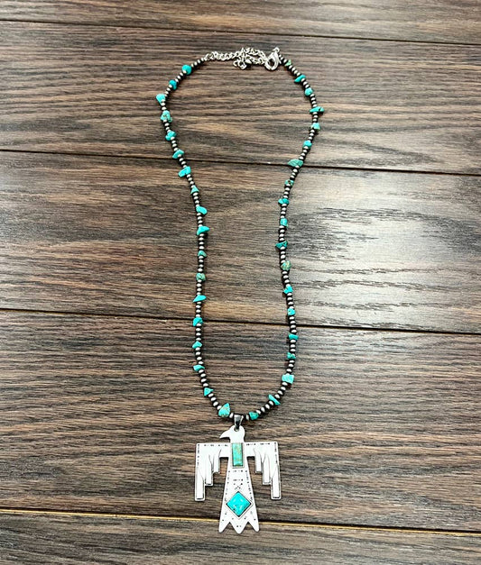 Navajo Thunderbird Turquoise Beaded Necklace with Extender and Pendant