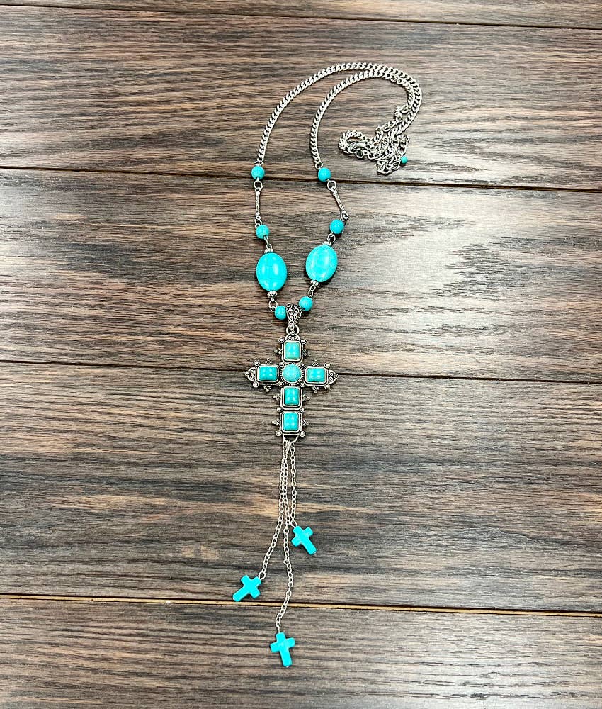 Turquoise Religion Cross Necklace With Tassel Extender 26 To 31 In