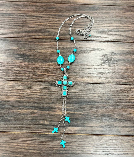 Turquoise Religion Cross Necklace With Tassel Extender 26 To 31 In